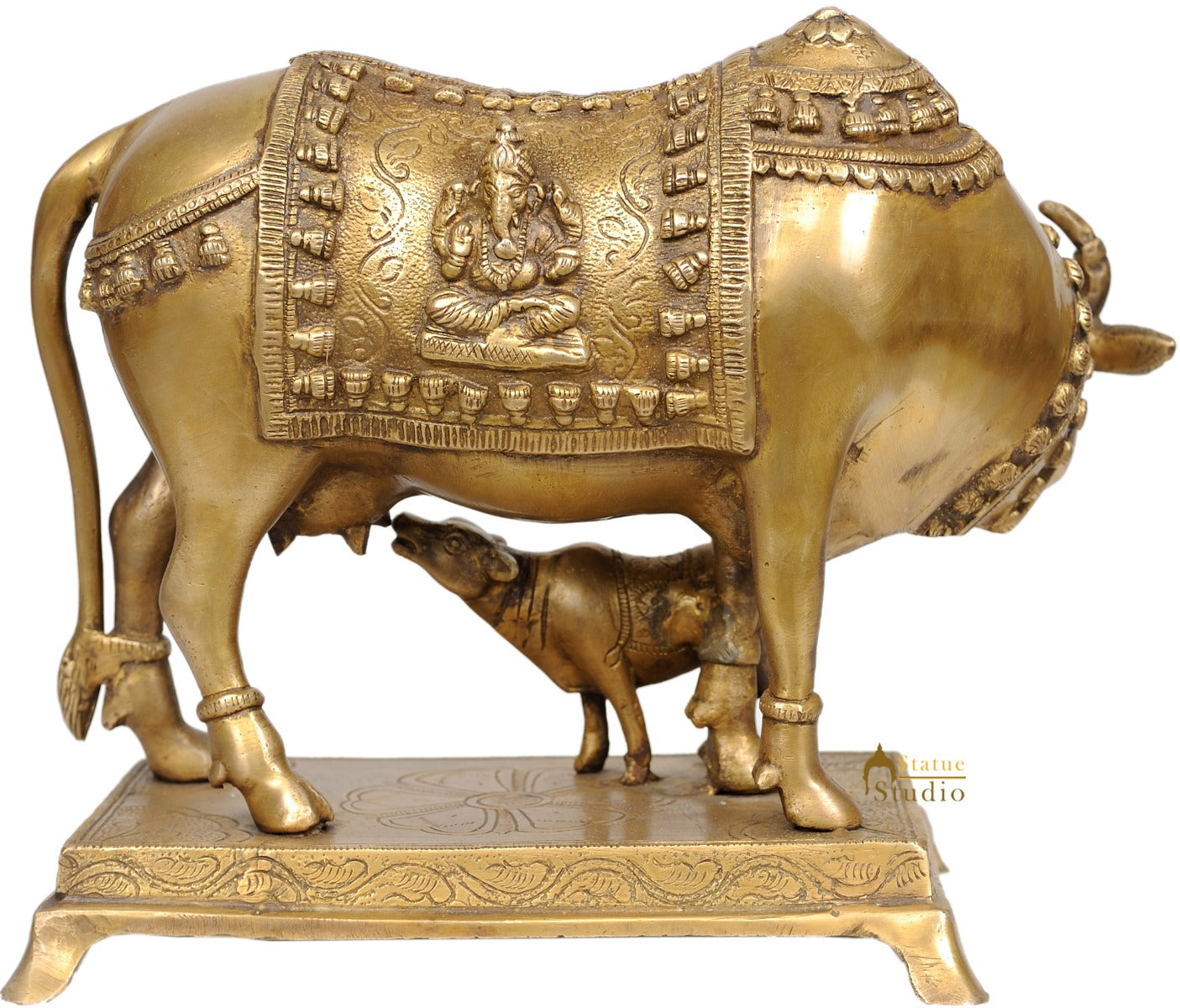 Holy Cow and Calf Brass Statue With Engraved Saddle Lord Ganesha Lakshmi 8" - Image 3