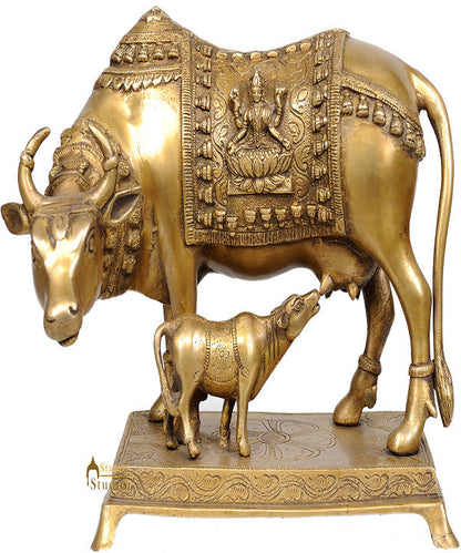 Holy Cow and Calf Brass Statue With Engraved Saddle Lord Ganesha Lakshmi 8" by vendor-unknown - Spiritual