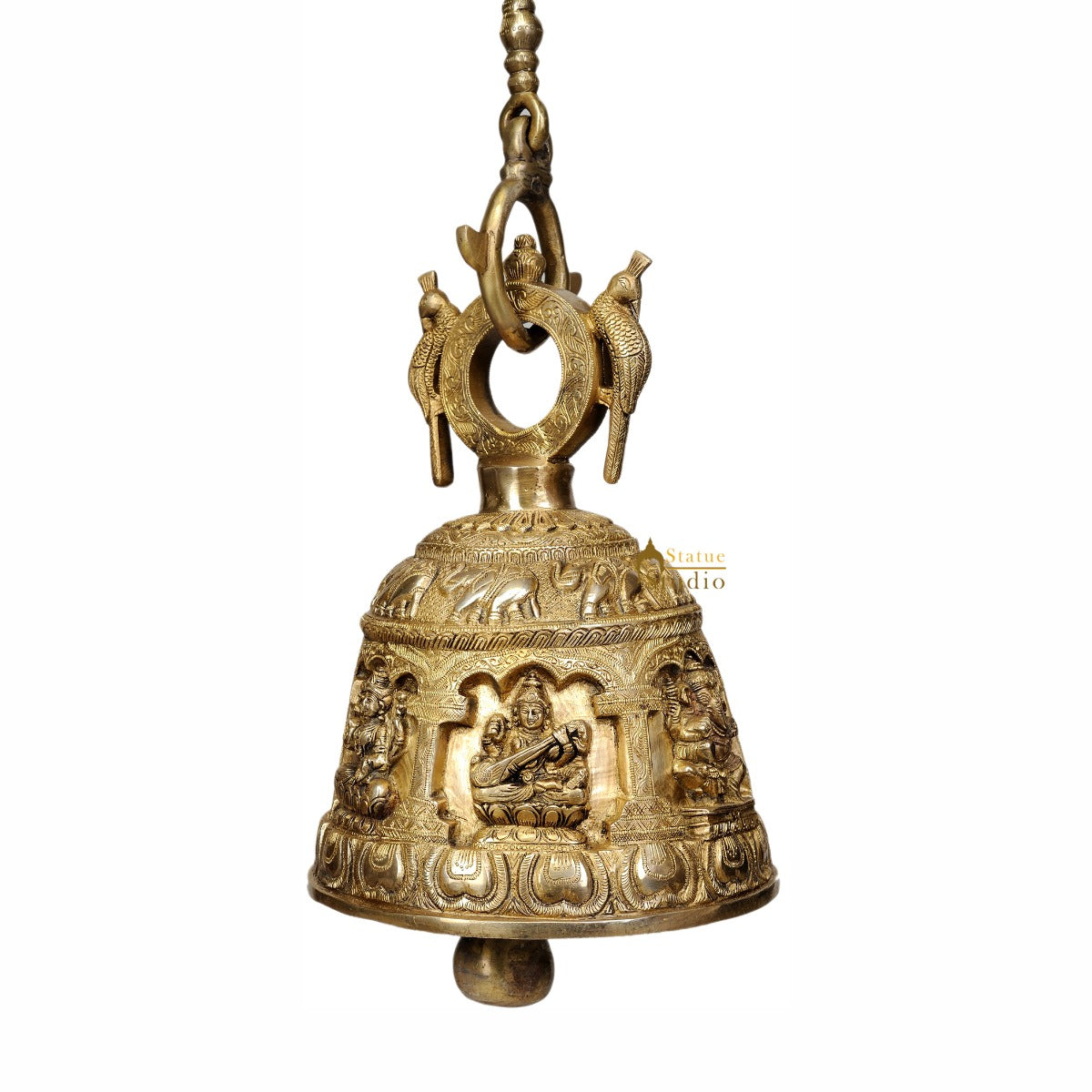 Hanging Bell Brassware Engraved Lord Ganesha Goddess Lakshmi Saraswati 13.5 - Image 2