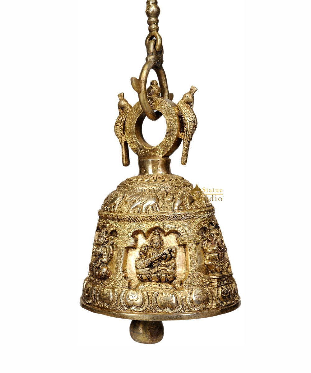 Hanging Bell Brassware Engraved Lord Ganesha Goddess Lakshmi Saraswati 13.5 - Eco-friendly - Sama Homes