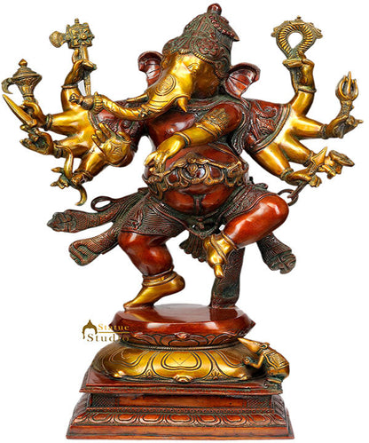 Large Size Brass Figurine 10 Arms Dancing Lord Ganesh With Weapons And Base 26" by vendor-unknown - Hindu Gods