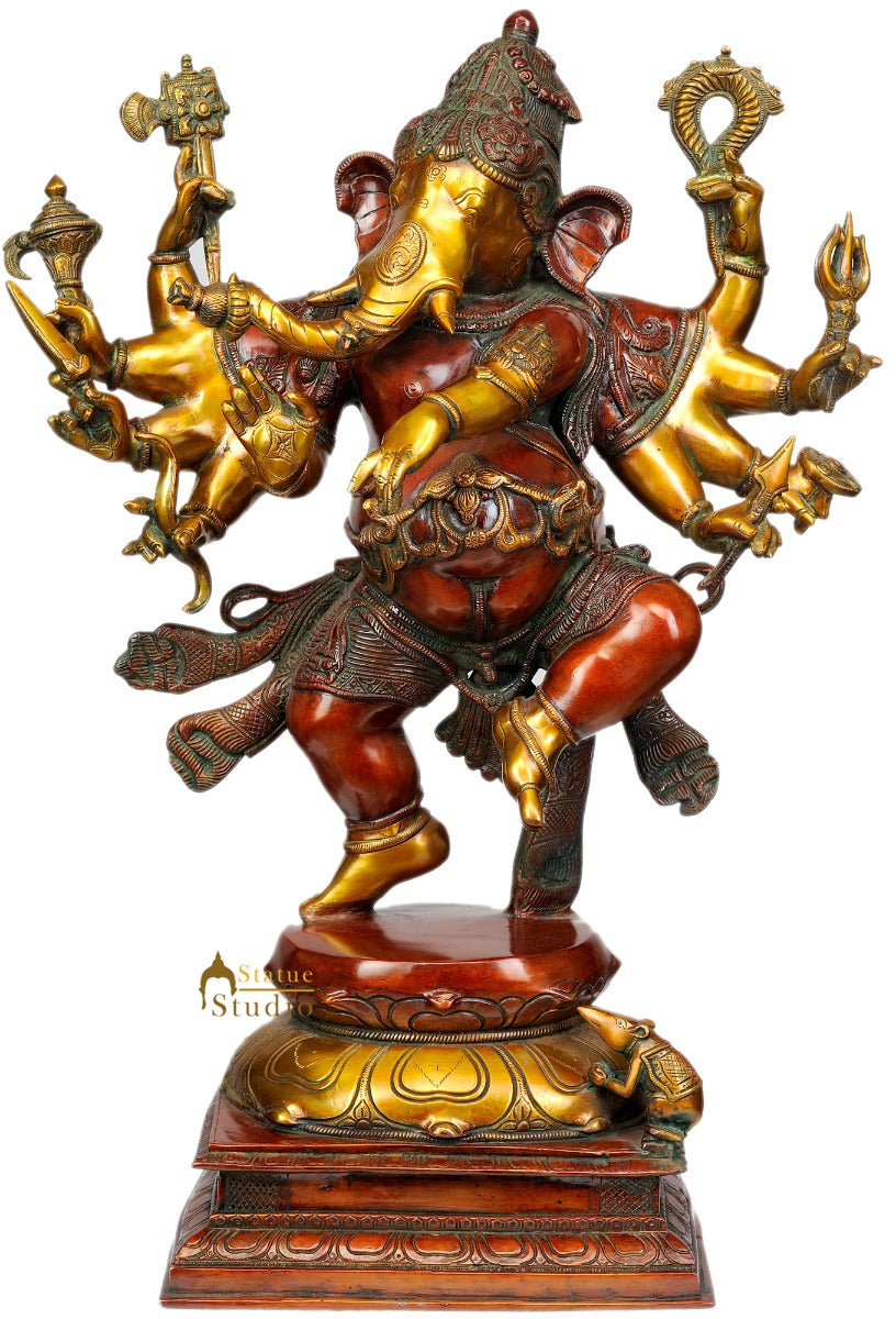Large Size Brass Figurine 10 Arms Dancing Lord Ganesh With Weapons And Base 26" - Image 2