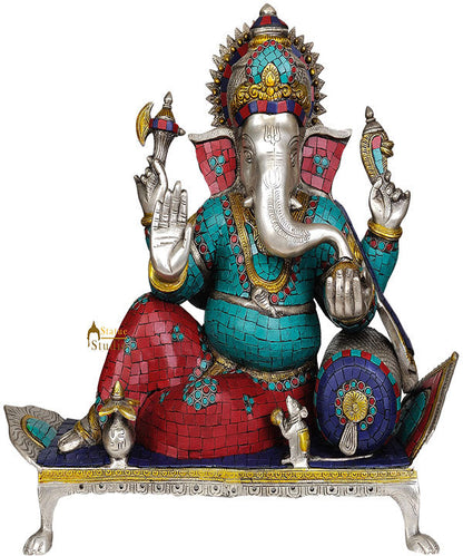 Turquoise Coral Inlay Beads Work Ganesha Statue With Pillow Chowki Gifting 16" by vendor-unknown - Hindu Gods