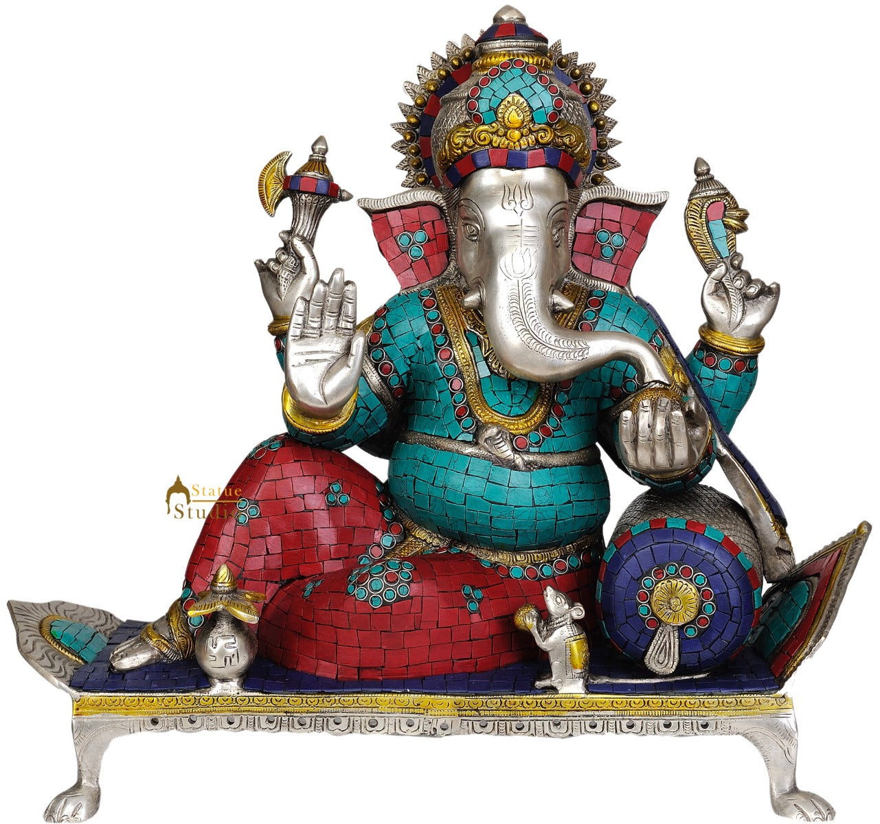 Turquoise Coral Inlay Beads Work Ganesha Statue With Pillow Chowki Gifting 16" - Image 2