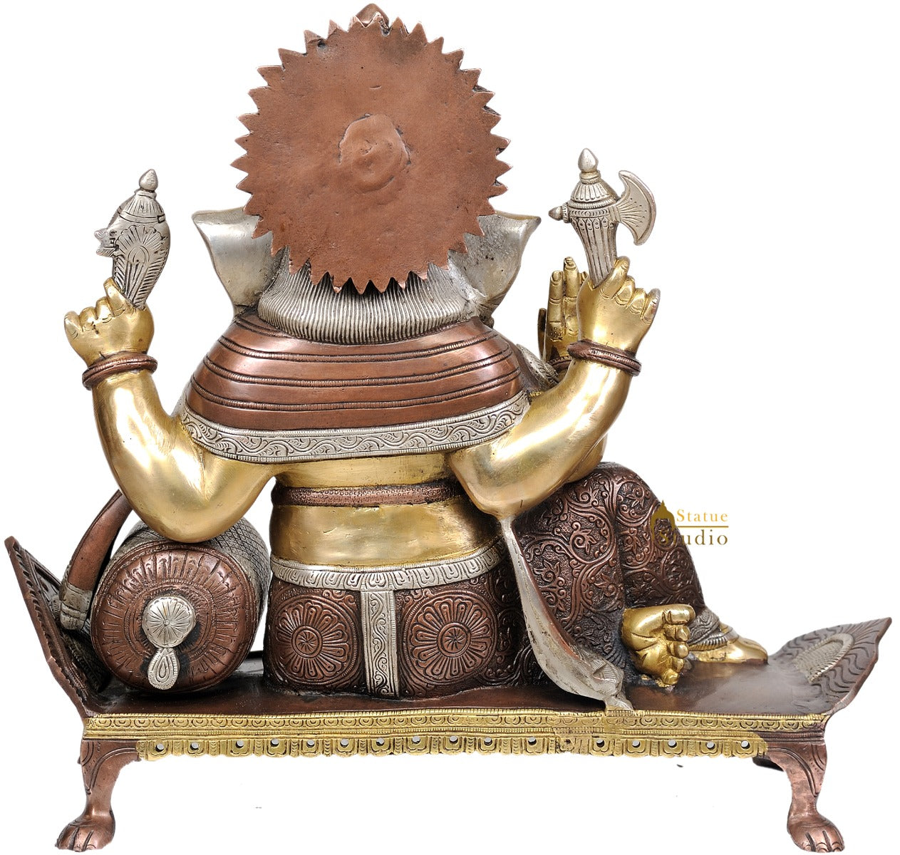 Hindu Deity Shri Ganesha Seated On Chowki Brass Statue Decorative Gifting 16" - Image 3