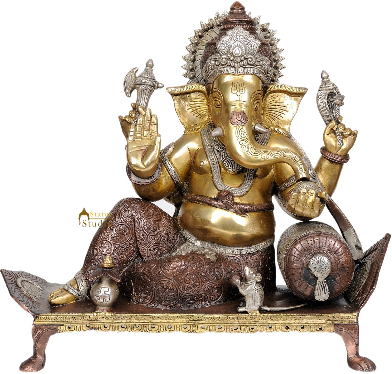 Hindu Deity Shri Ganesha Seated On Chowki Brass Statue Decorative Gifting 16" - Image 2