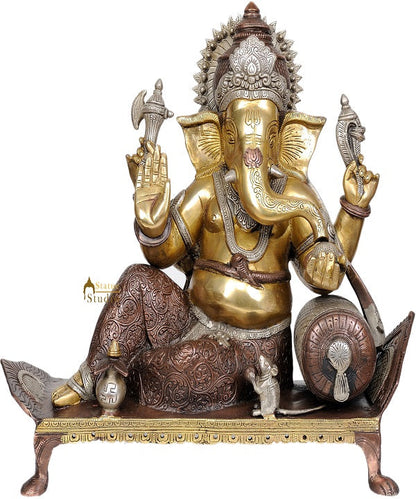Hindu Deity Shri Ganesha Seated On Chowki Brass Statue Decorative Gifting 16" by vendor-unknown - Hindu Gods