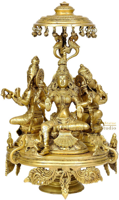 Big Lord Ganesha Goddess Lakshmi Saraswati Revolving Chowki Parasol Statue 17" by vendor-unknown - Hindu Gods