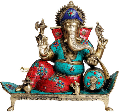 Large Multicolour Fancy Gift Lord Ganesha Figurine With Chowki And Pillow 17" by vendor-unknown - Hindu Gods (View 3)
