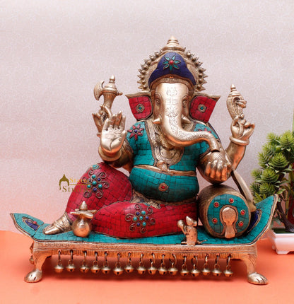 Large Multicolour Fancy Gift Lord Ganesha Figurine With Chowki And Pillow 17" by vendor-unknown - Hindu Gods