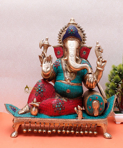 Large Multicolour Fancy Gift Lord Ganesha Figurine With Chowki And Pillow 17" by vendor-unknown - Hindu Gods (View 2)