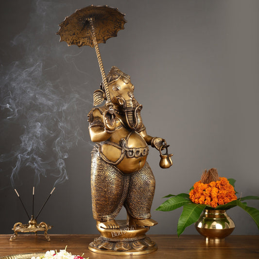 Sama Homes-29 inch standing lord ganesha statue with umbrella burnt brass finish
