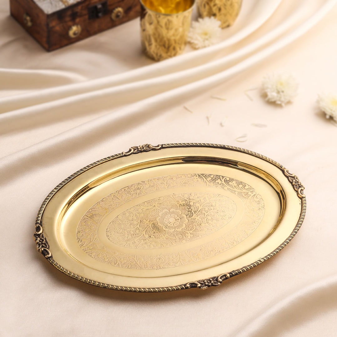 Image of Brass Handcrafted Oval Tray | AVAILABLE SIZE Handcrafted | Premium Brass & Wood Decor | Sama Homes