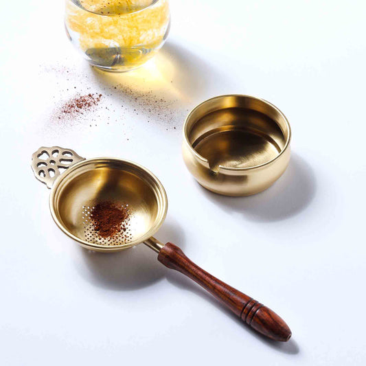Handmade Brass Leaf Tea Strainer with Bowl – 1.5 Inch | Traditional Indian Tea Filter with Wooden Handle – Sama Homes