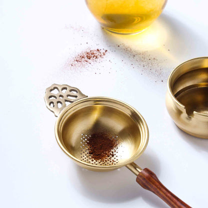 Handmade Brass Leaf Tea Strainer with Bowl – 1.5 Inch | Traditional Indian Tea Filter with Wooden Handle – Image 2