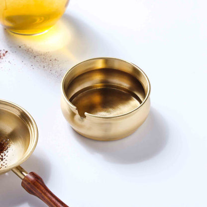 Handmade Brass Leaf Tea Strainer with Bowl – 1.5 Inch | Traditional Indian Tea Filter with Wooden Handle – Image 3