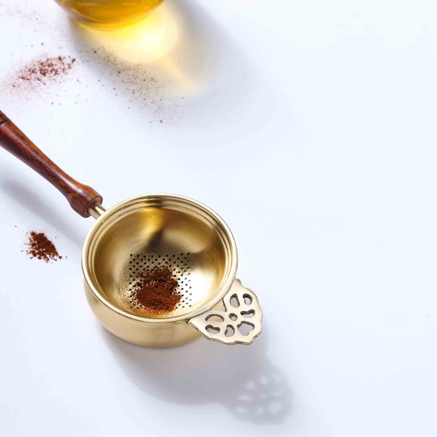 Handmade Brass Leaf Tea Strainer with Bowl – 1.5 Inch | Traditional Indian Tea Filter with Wooden Handle – Image 4
