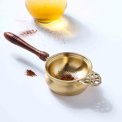 Handmade Brass Leaf Tea Strainer with Bowl – 1.5 Inch | Traditional Indian Tea Filter with Wooden Handle – Image 5