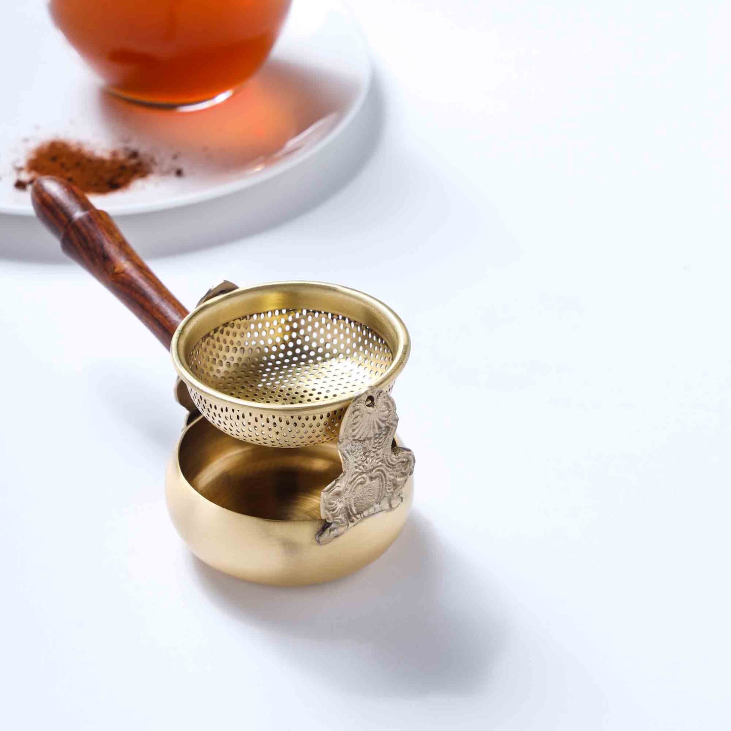 Traditional Brass Swing Tea Strainer with Wooden Handle – 6 Inch | Handmade Kitchen Tool for Authentic Tea Brewing – Sama Homes