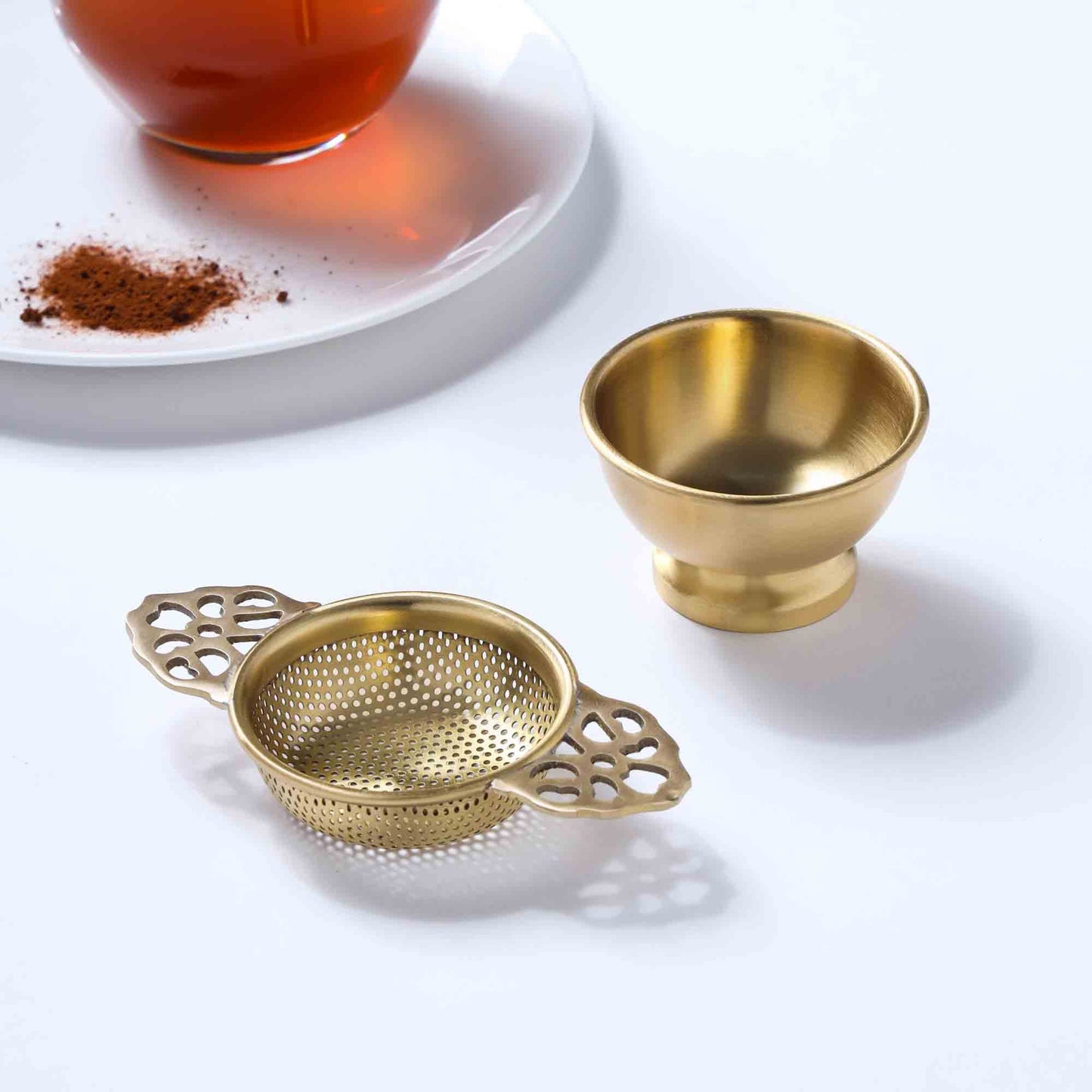 Handmade Brass Double Leaf Tea Strainer with Bowl – 1.5 Inch | Traditional Kitchen Tool – Sama Homes