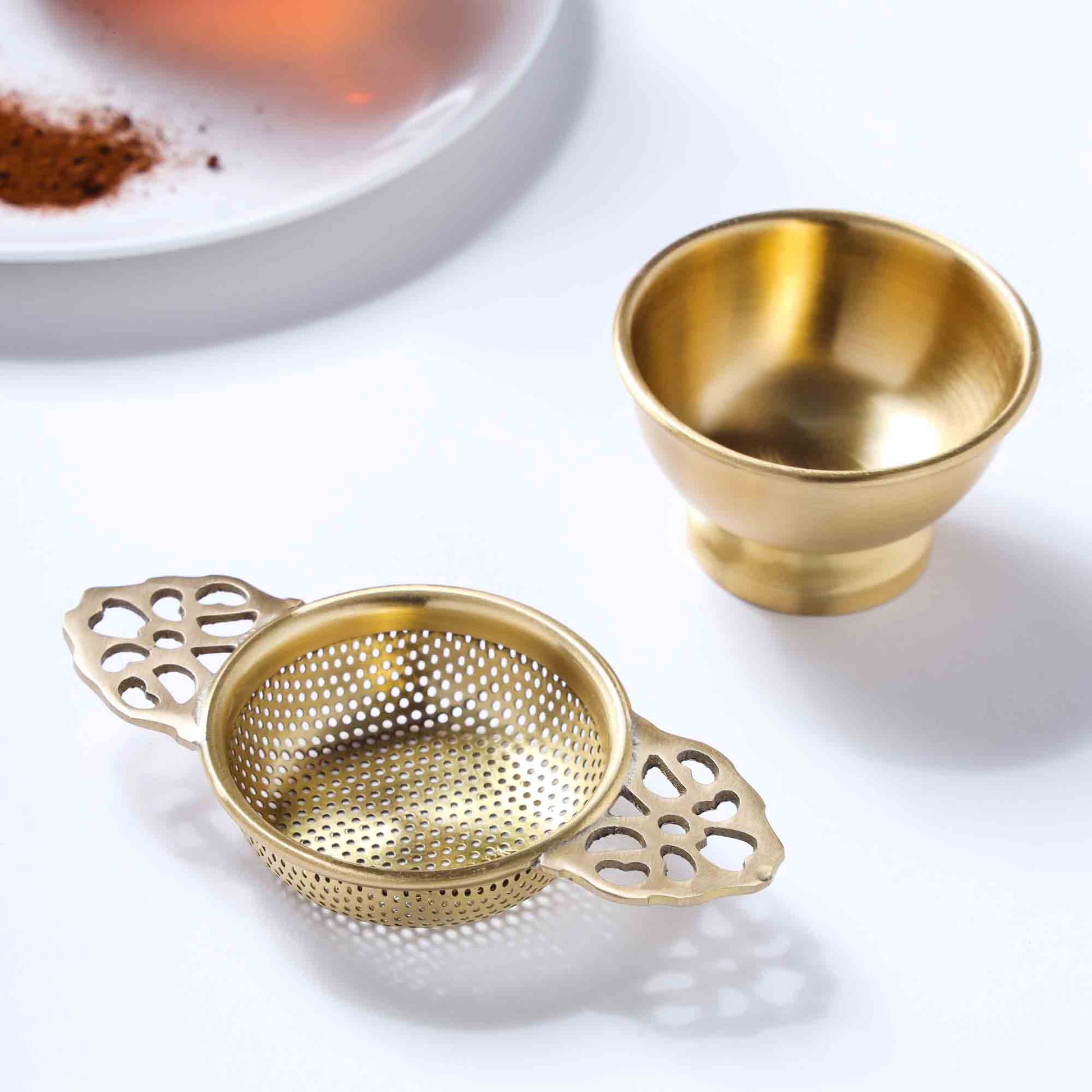 Handmade Brass Double Leaf Tea Strainer with Bowl – 1.5 Inch | Traditional Kitchen Tool – Image 3 - Image 3