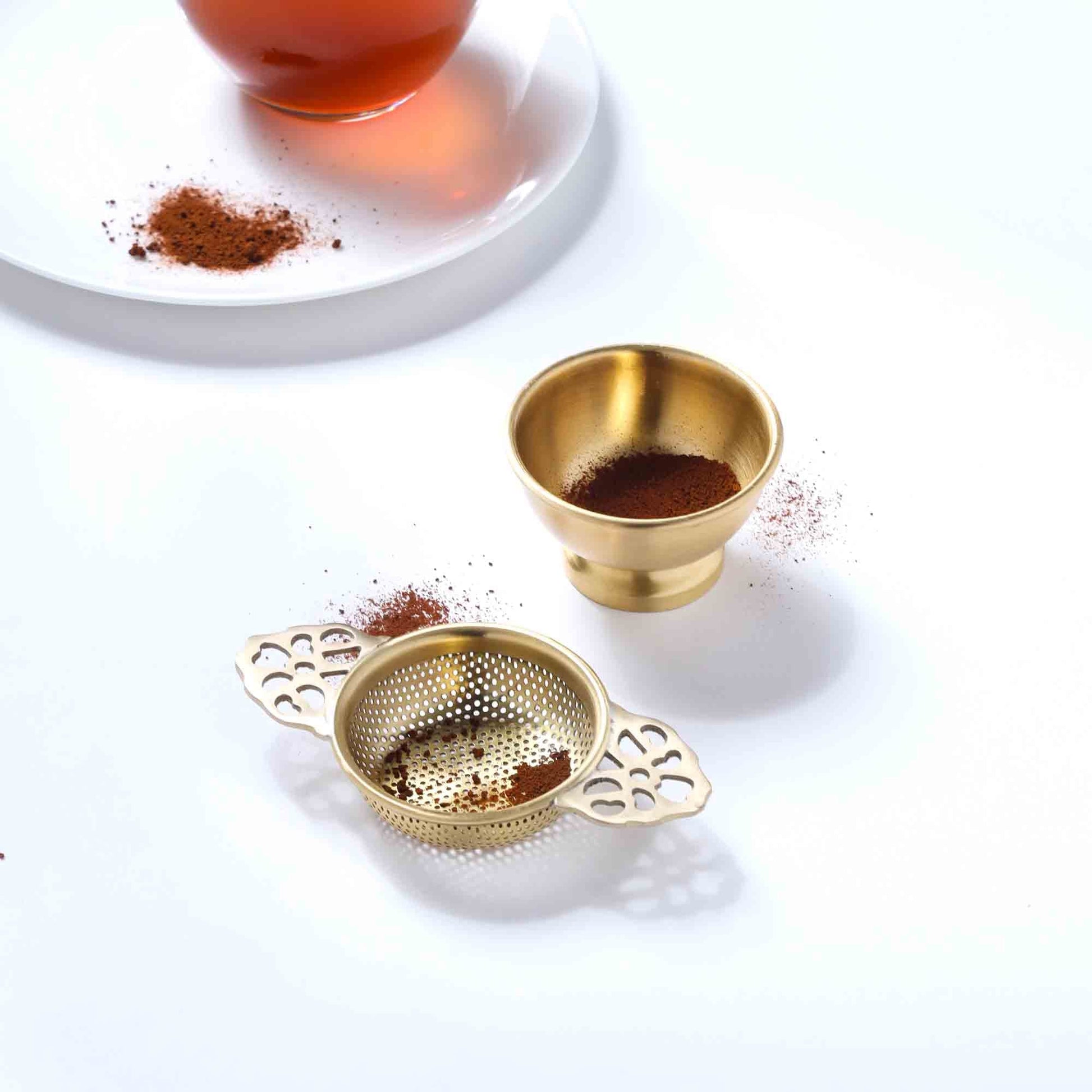 Handmade Brass Double Leaf Tea Strainer with Bowl – 1.5 Inch | Traditional Kitchen Tool – Image 4 - Image 4