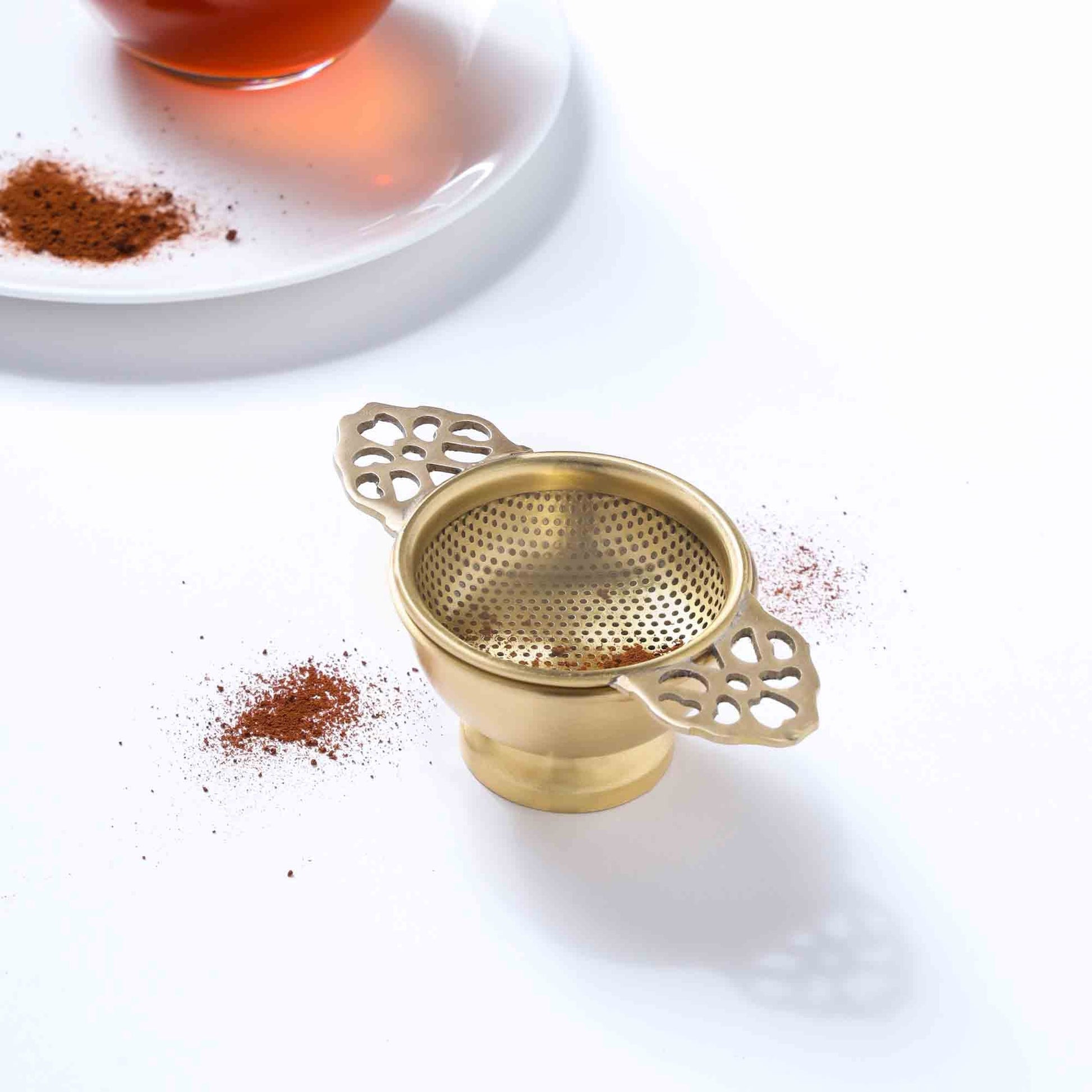 Handmade Brass Double Leaf Tea Strainer with Bowl – 1.5 Inch | Traditional Kitchen Tool – Image 5 - Image 5