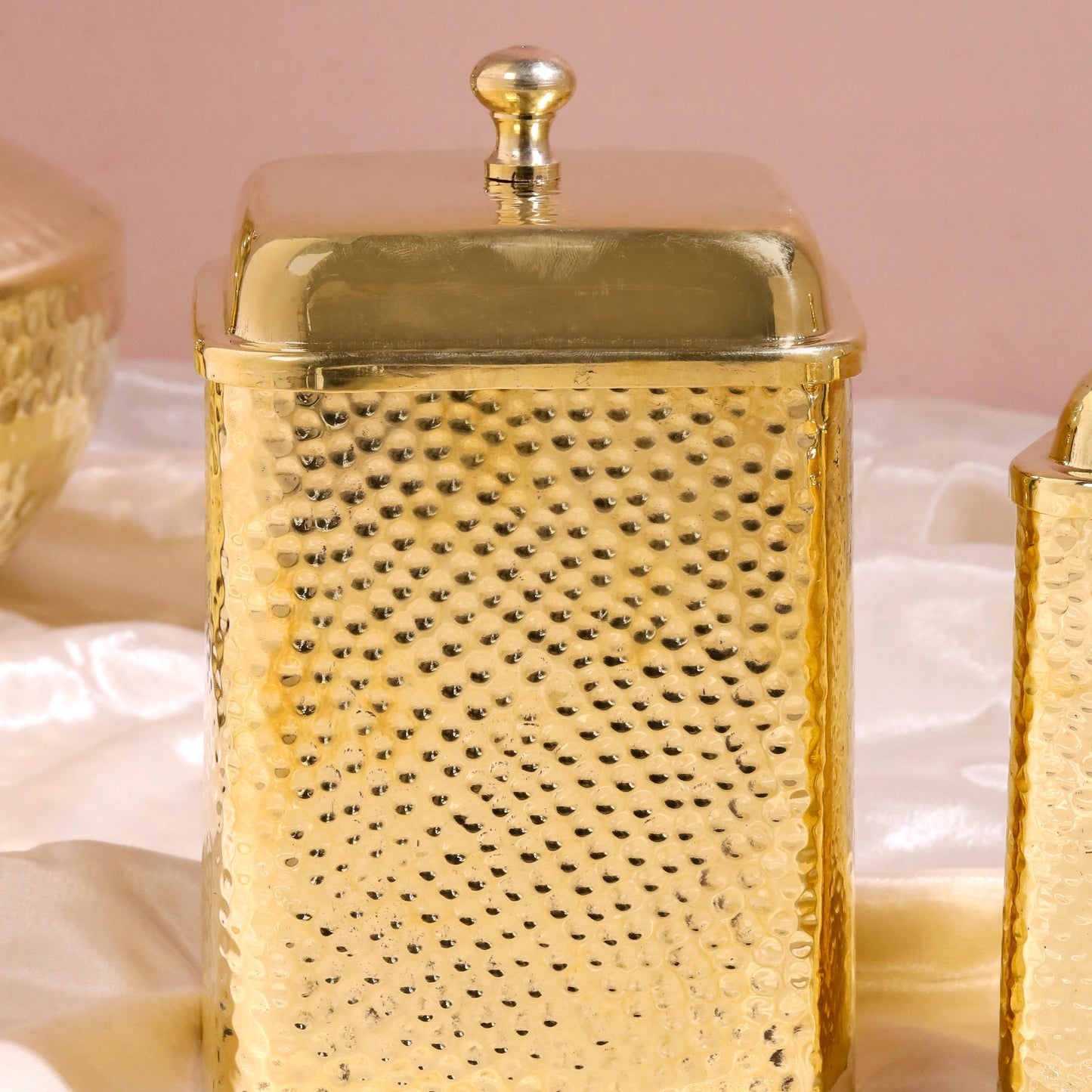 Handcrafted Brass Hammered Containers Set – 3 Pieces | Traditional Indian Kitchenware | 99.9% Certified Brass, Sustainable & Artisan-Made – Image 4