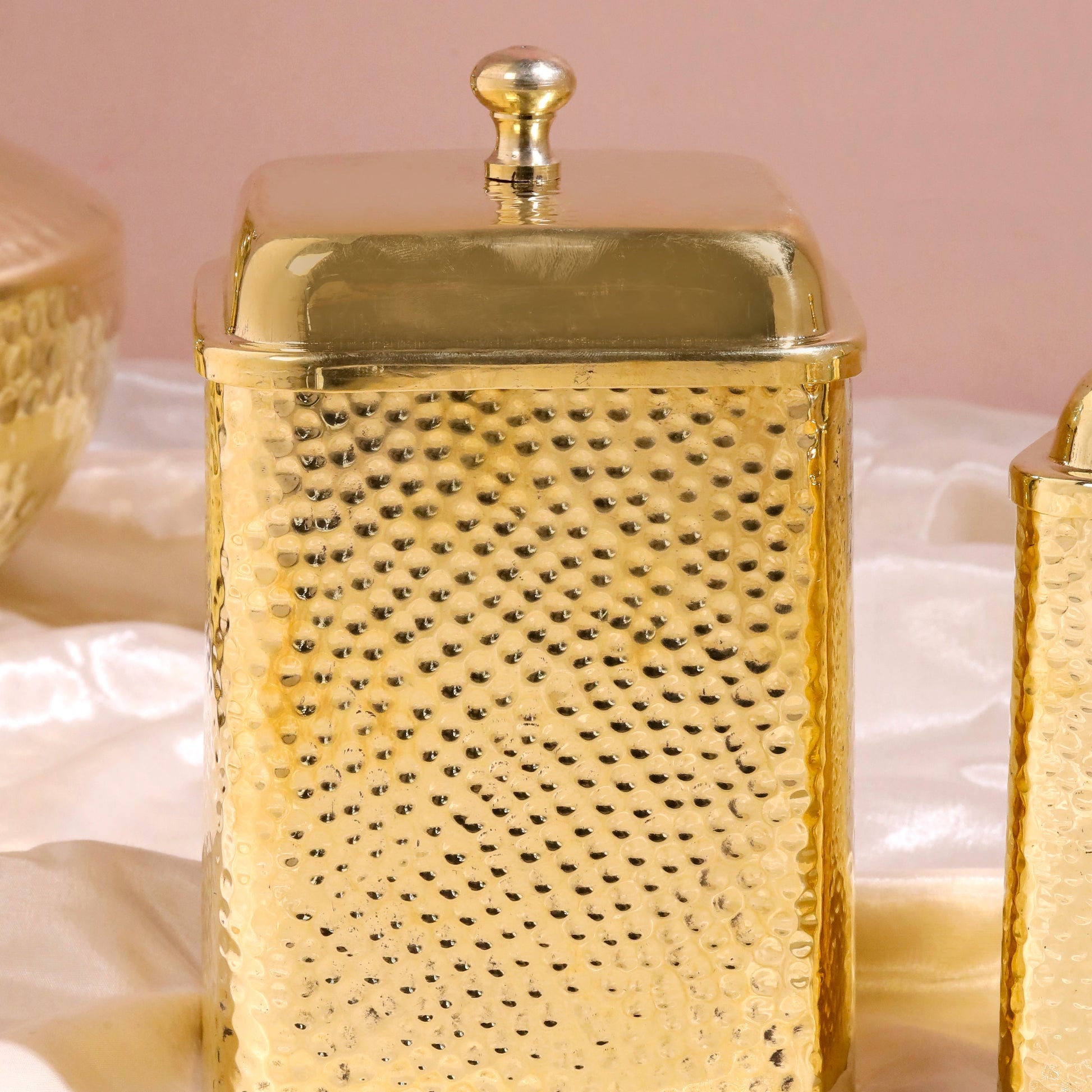 Handcrafted Brass Hammered Containers Set – 3 Pieces | Traditional Indian Kitchenware | 99.9% Certified Brass, Sustainable & Artisan-Made – Image 4 - Image 4