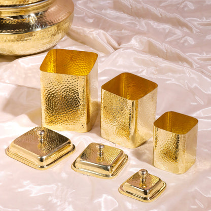Handcrafted Brass Hammered Containers Set – 3 Pieces | Traditional Indian Kitchenware | 99.9% Certified Brass, Sustainable & Artisan-Made – Image 7