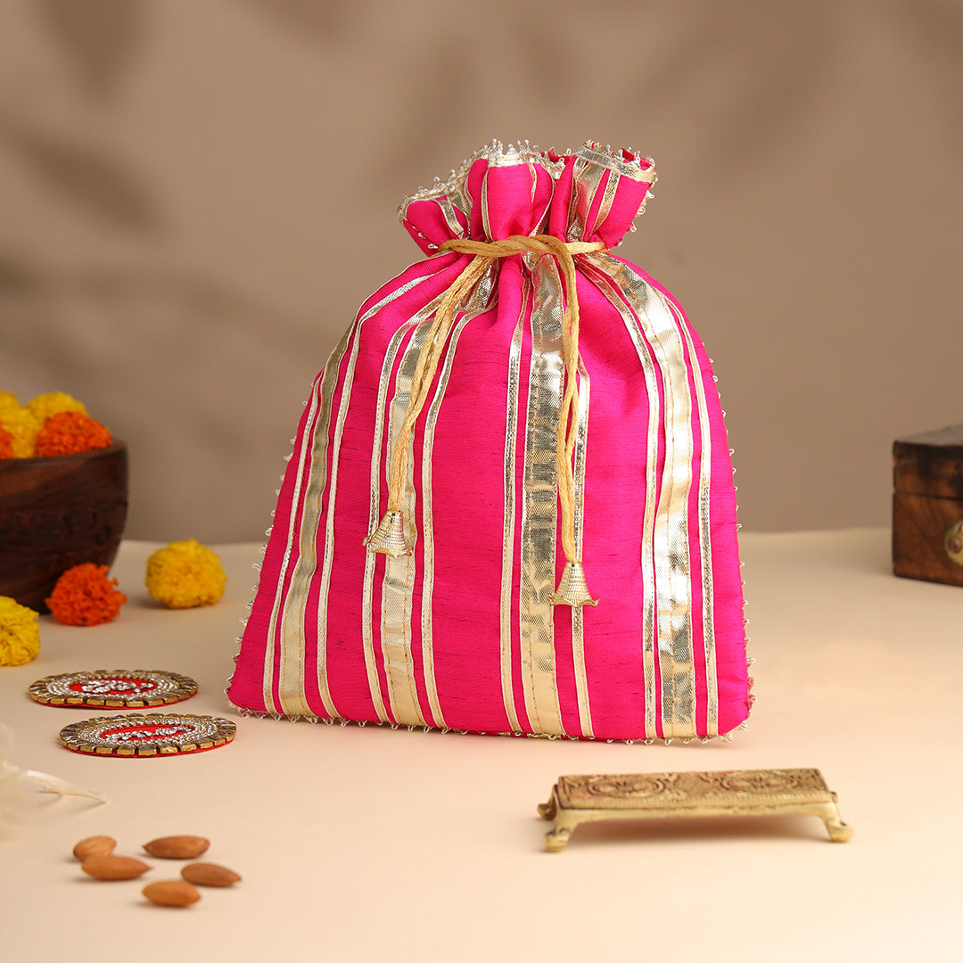 Brass Charan Paduka, Diya & Chowki Gift Festive Potli/Hamper