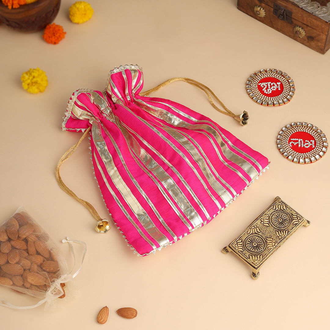 Brass Charan Paduka, Diya & Chowki Gift Festive Potli/Hamper - Image 8