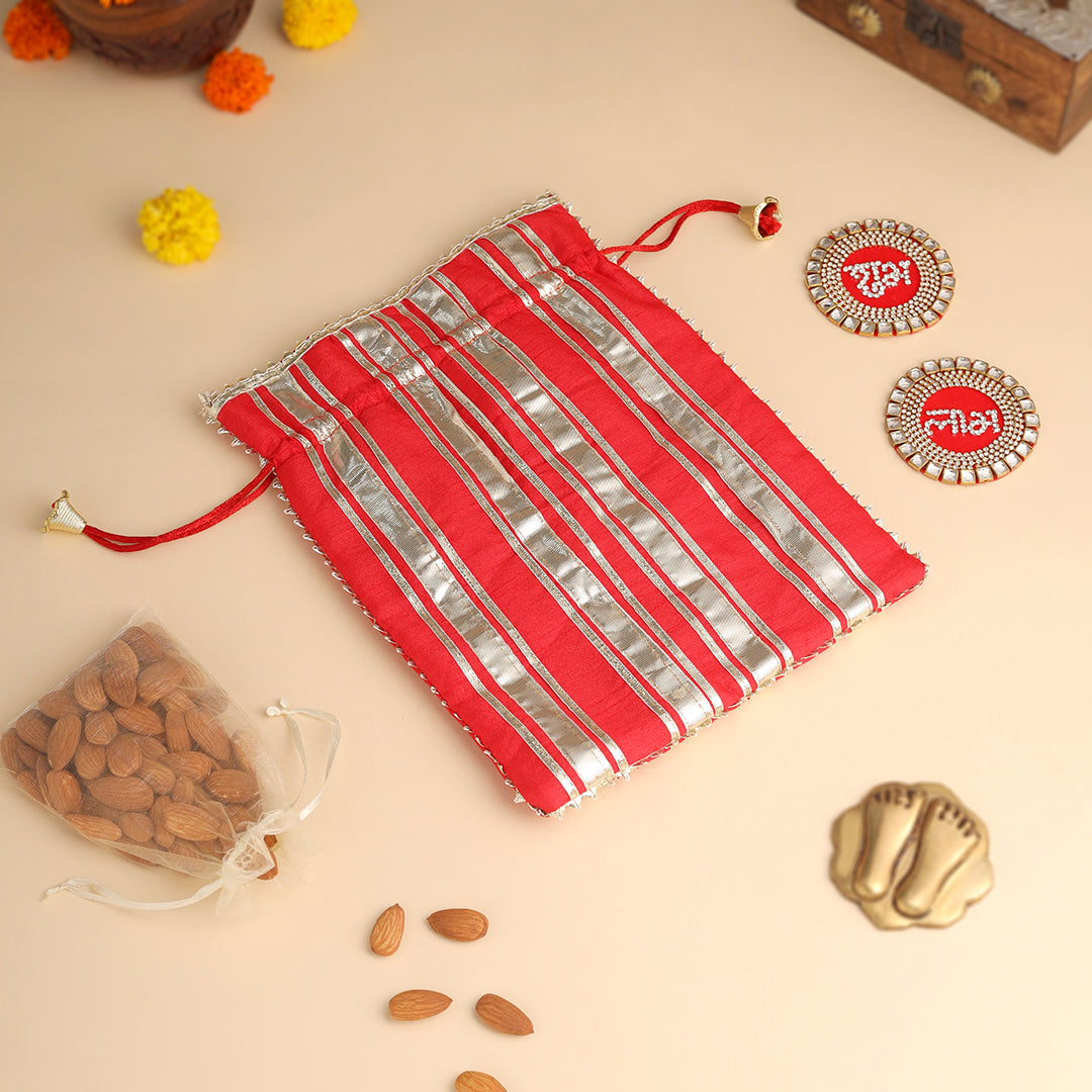 Brass Charan Paduka, Diya & Chowki Gift Festive Potli/Hamper - Eco-friendly - Sama Homes