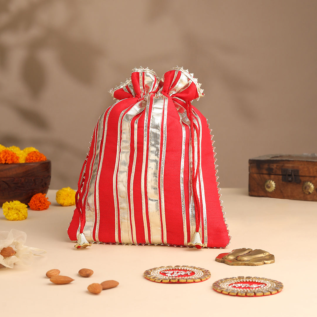 Brass Charan Paduka, Diya & Chowki Gift Festive Potli/Hamper - Image 4