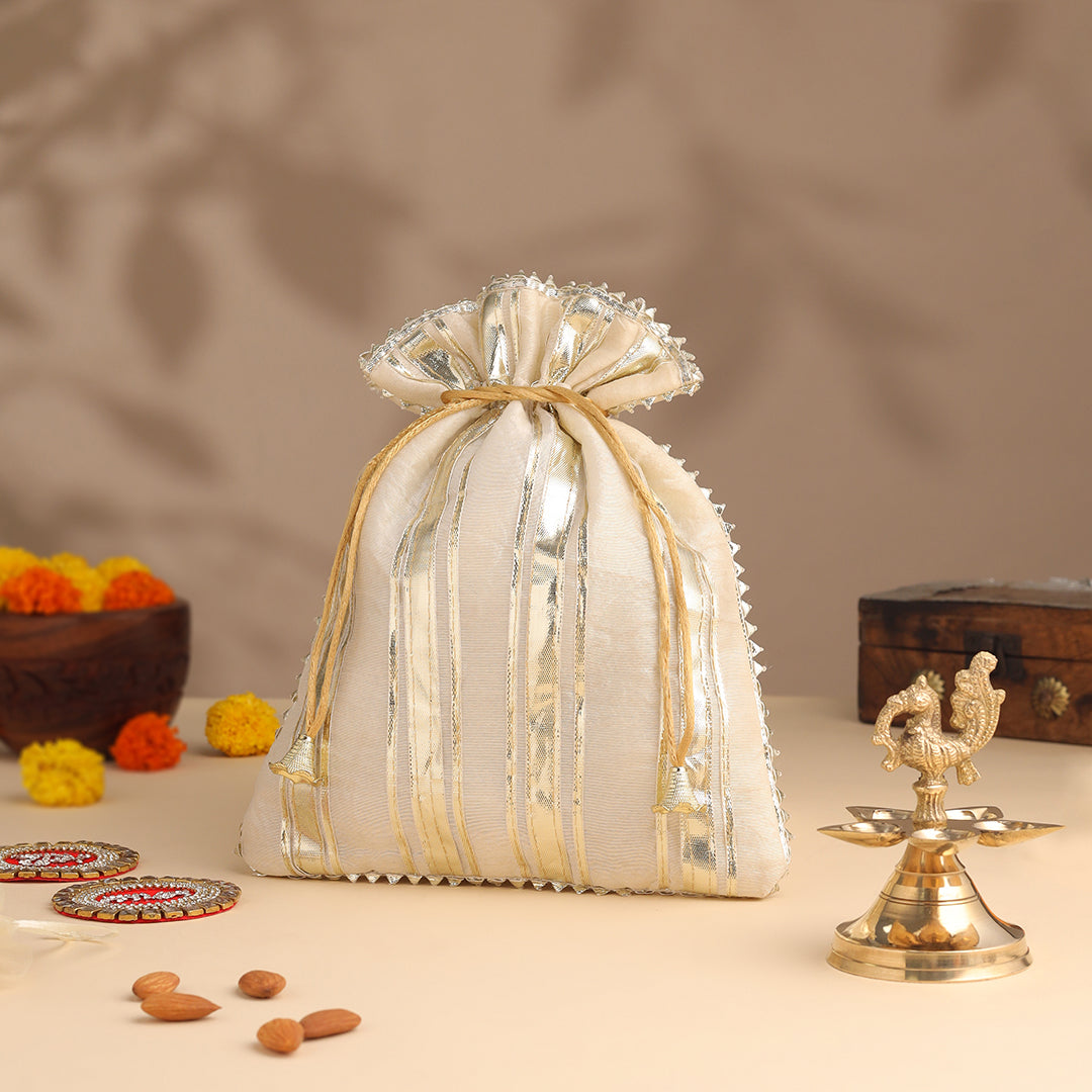 Brass Charan Paduka, Diya & Chowki Gift Festive Potli/Hamper - Image 7