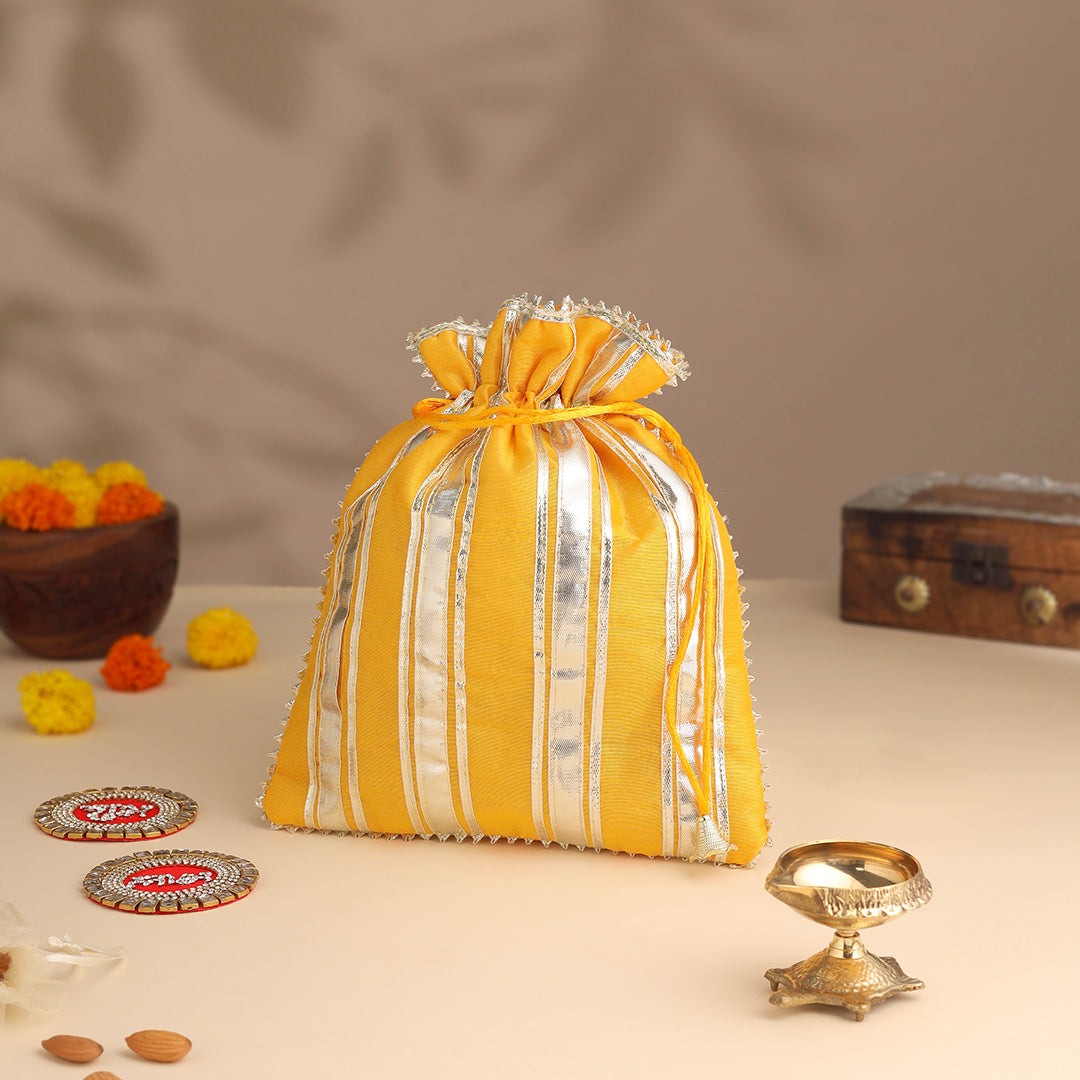 Brass Charan Paduka, Diya & Chowki Gift Festive Potli/Hamper - Image 11
