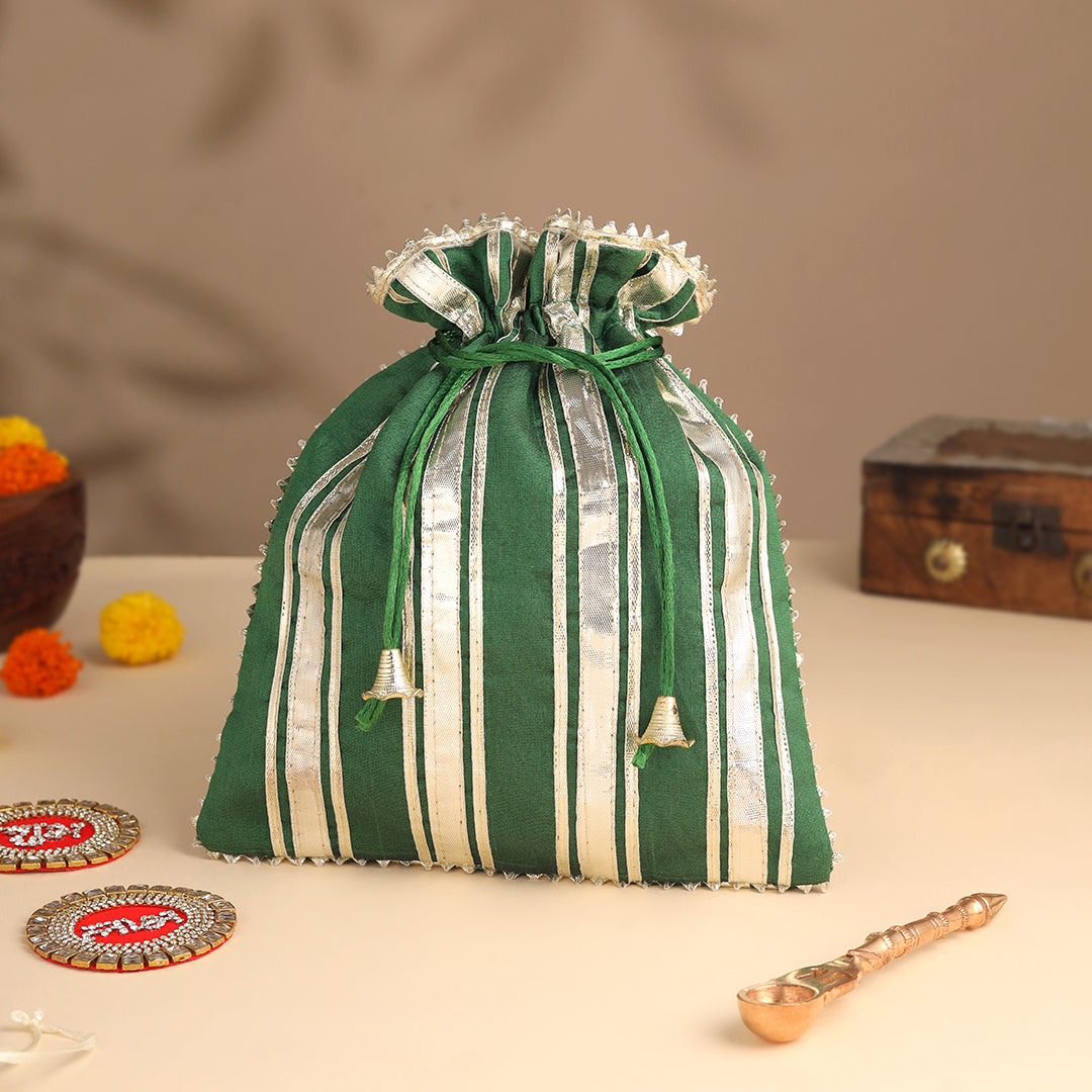 Brass Charan Paduka, Diya & Chowki Gift Festive Potli/Hamper - Image 3