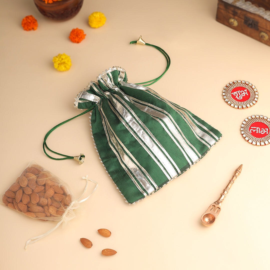 Brass Charan Paduka, Diya & Chowki Gift Festive Potli/Hamper - Image 2