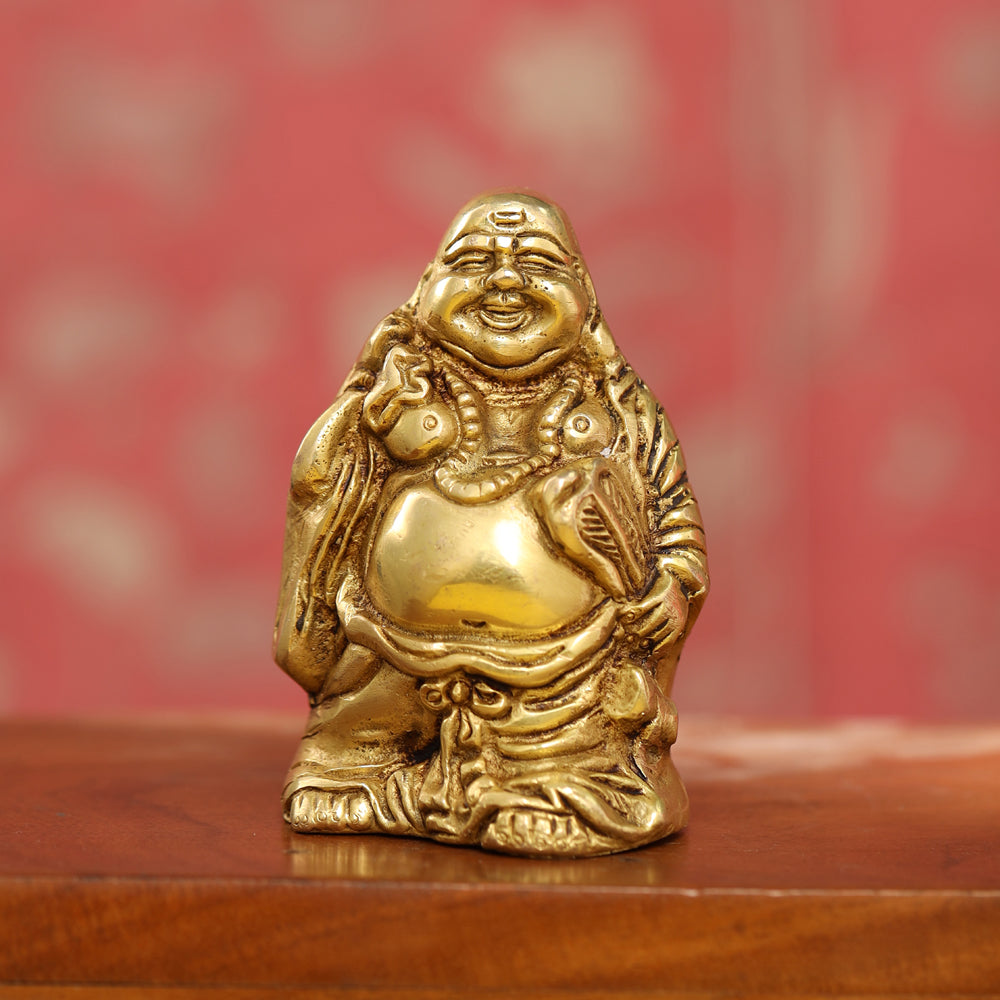 Image of Brass Laughing Buddha Statue (4.5 Inch) | data fragment HEIGHT | Premium Brass & Wood Decor | Sama Homes
