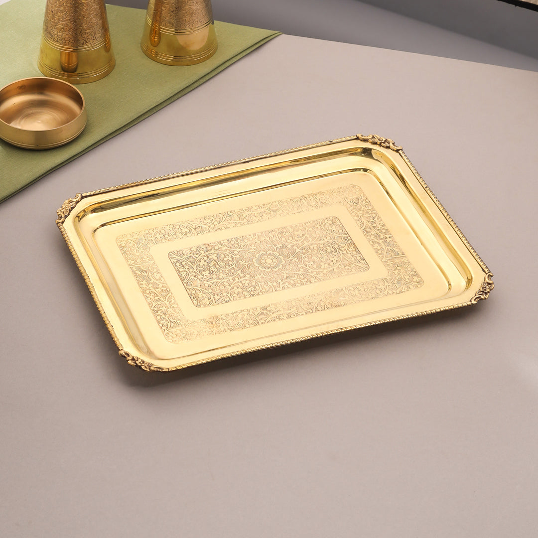 Image of Brass Handcrafted Rectangular Tray | AVAILABLE THREE SIZEHandcrafted | Premium Brass & Wood Decor | Sama Homes