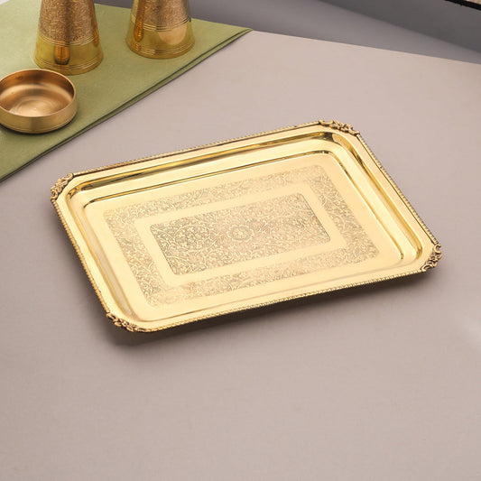 Image of Brass Handcrafted Rectangular Tray | AVAILABLE THREE SIZEHandcrafted | Premium Brass & Wood Decor | Sama Homes