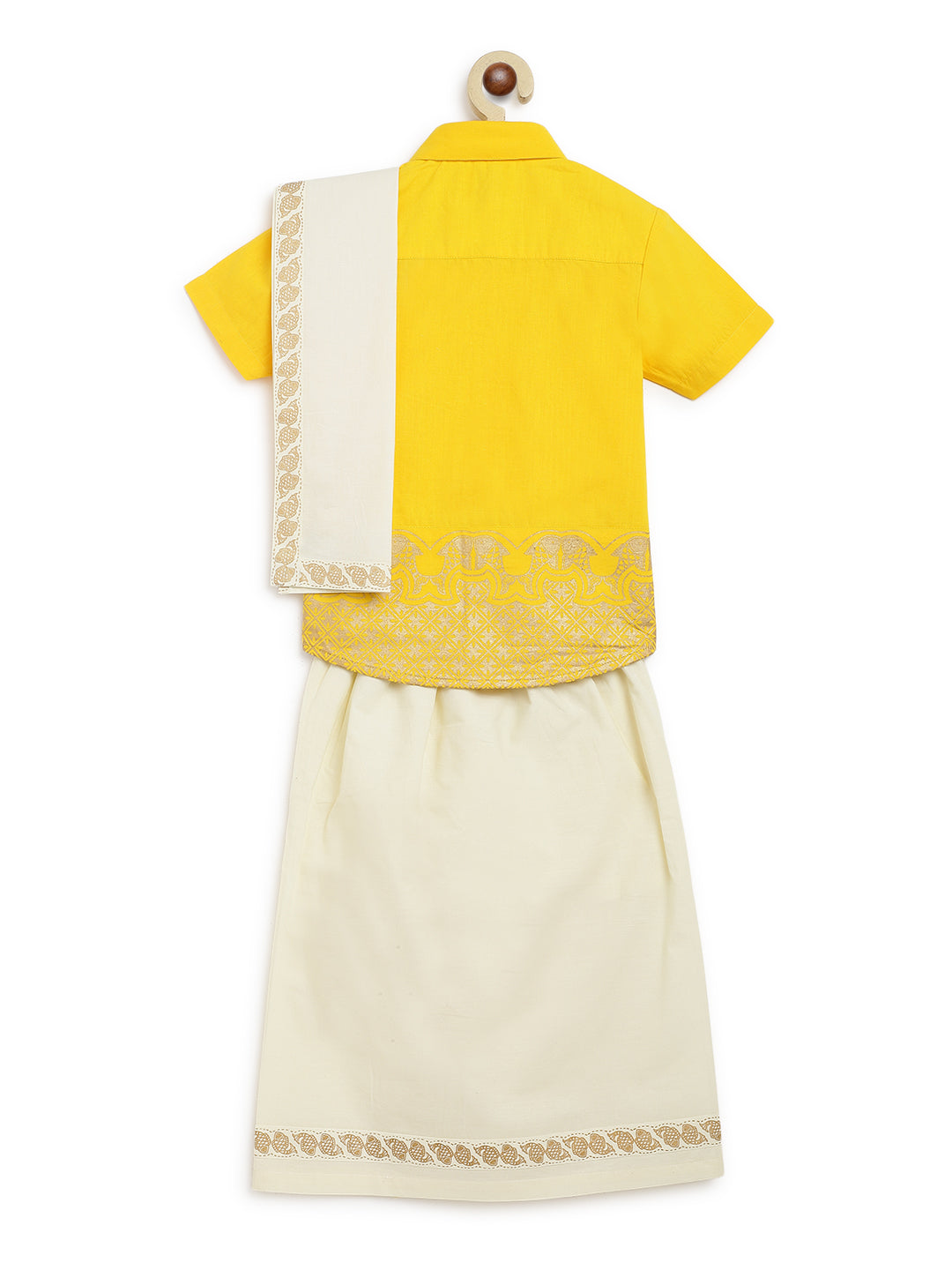 3 Pc Mundu Dhoti Shirt Set-Yellow