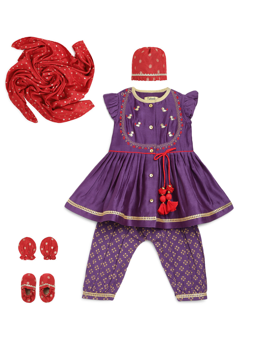 Baby Girl Bird Embroidery Jamna Set - Purple - Image 2