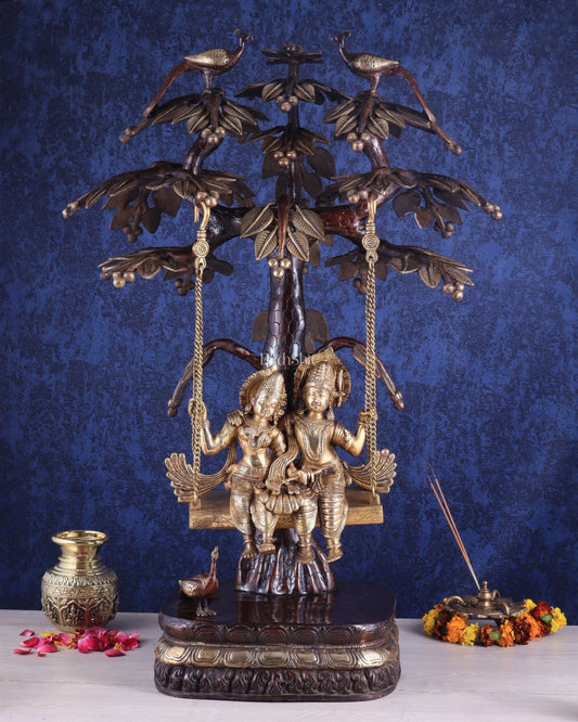 3-Foot Brass Radha Krishna Swing with Kalpavriksha and Peacock Motifs in Brown-Gold Finish | 100% Certified Copper & Brass - Sama Homes Idol - Brass Sculpture