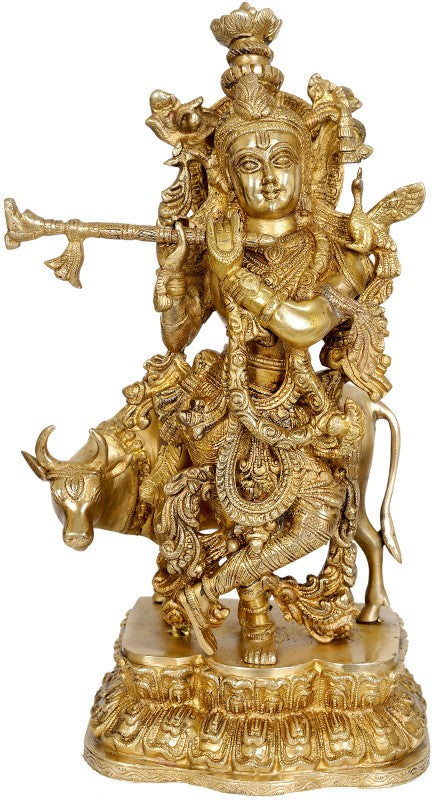 Bhagwan Shri Krishna Murti with Holy Cow Statue For Sale