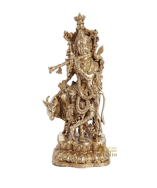 Bhagwan Shri Krishna Murti with Holy Cow Statue For Sale