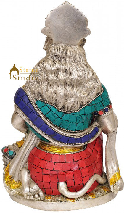 Brass Sitting Hanuman Statue Stone Work For Home Decor 9"