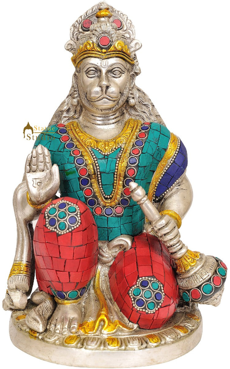 Brass Sitting Hanuman Statue Stone Work For Home Decor 9"