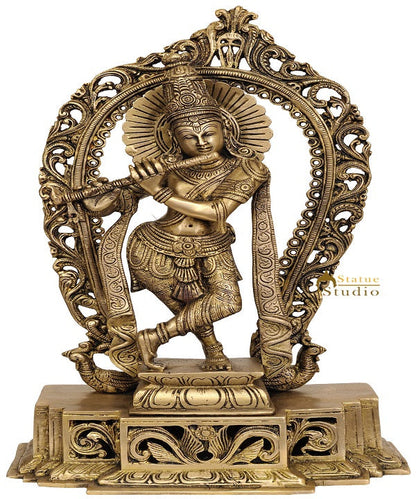 Brass Indian Hinduism Lord Krishna Playing Flute 16" by vendor-unknown - Hindu Gods