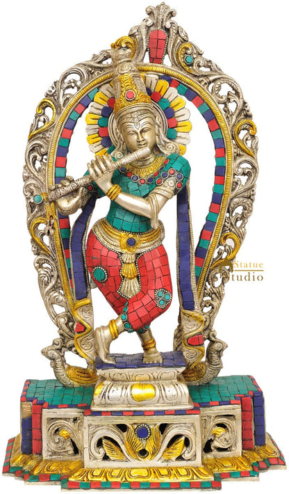 Brass Indian Hinduism Lord Krishna With Aureole 16" by vendor-unknown - Hindu Gods (View 2)